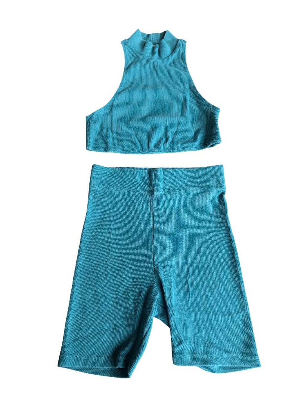 Inamorata Two Piece Teal Outfit Crop Top High Waist Shorts Stretchy Size XS
